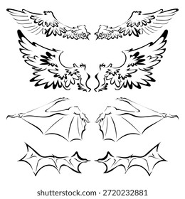 Alas góticas dibujar a mano ilustración de tatuaje colección