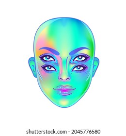 Gothic witch girl head portrait with four eyes. Vector color illustration. Halloween costume idea, tattoo, weird, psychedelic art for print, posters, t-shirts and textiles. 