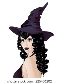 Gothic woman with long black ringlets curly hair.