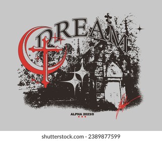 Gothic y2k print for clothing with a crypt and crosses. Retro church with moon and crosses, Gothcore in grunge style. Vector