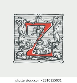 Gothic-Z-Buchstabenlogo. mittelalterliches Tropfen. Teufel, Hexen und Geister in der Hölle. Gravierende Schraffurgrafik. Germanische Schriftart für Bezauberungsetiketten, heidnische Musik, schwarze Magie-Plakate, Tränenverpackungen.