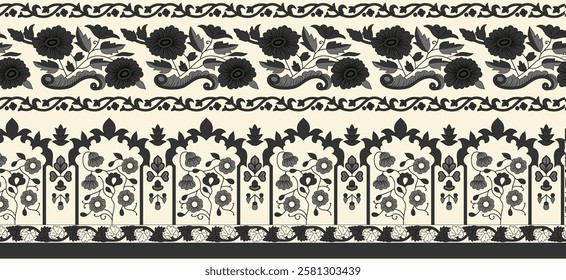 Gothic-inspired geometric tracery interwoven with delicate floral filigree for dramatic wallpapers, luxurious gift wraps, and ornate textiles.