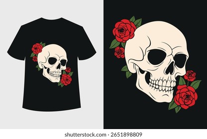 Crânio de estilo gótico adornado com rosas carmesim; modelo de design de vestuário; escuro, temperamental estética