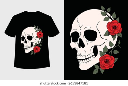 Gothic-style skull adorned with crimson roses; apparel design template, vector art