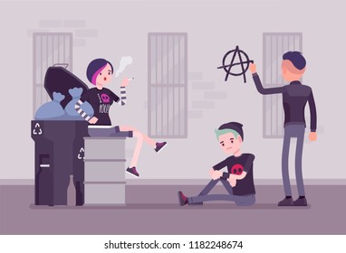 Goths and punks subculture street life, frustrated young people wear black clothes, group spend time outdoors, anarchy symbol painted on wall. Vector flat style cartoon illustration