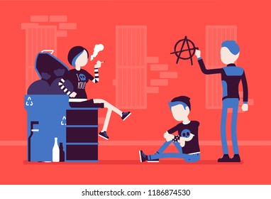 Goths and punks subculture street life, frustrated young people wear dark clothes, group spend time outdoors, anarchy symbol painted on wall. Vector illustration, faceless characters