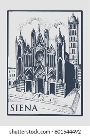 Gotical church in Siena, Tuskany, Italy old looking vintage hand drawn engraved illustration with building and symbol of town cathedral duomo di siena