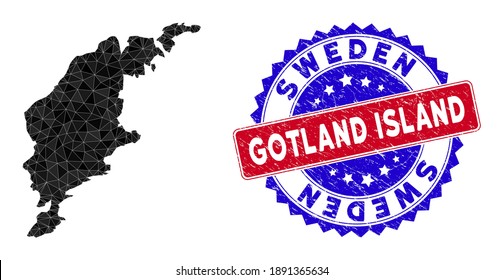 Gotland Island map polygonal mesh with filled triangles, and distress bicolor stamp imitation. Triangle mosaic Gotland Island map with mesh vector model, triangles have randomized sizes,