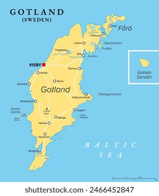 Gotland, political map. Largest island of Sweden, fully encompassed by Baltic Sea. Province Gotland with capital Visby includes the island Faroe, Gotska Sandoen and Karlsoe Islands Lilla and Stora.