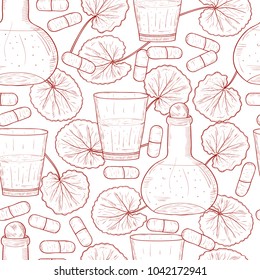 Gotu kola. A plant, leaves. A glass, a capsule, a bottle with a tincture. Background, wallpaper, seamless. Sketch. Monochrome
