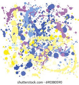 Gouache background, blue, yellow and violet paint splashes vector pattern. Colorful ink, gouache or acrylic paint splatter, grunge painting, ink background. Bright paint splotches illustration.