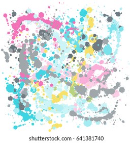 Gouache background, pink, blue and grey paint splashes on white vector pattern. Colorful ink spots, acrylic paint splatter, grunge abstract painting, funky colors background. Bright splats.