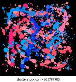 Gouache background, pink and blue paint splashes on black vector pattern. Colorful ink spots, acrylic paint splatter, grunge abstract painting, funky colors background. Bright splats.