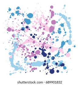 Gouache background, pink, blue and purple watercolor paint splashes on white vector pattern. Colorful ink spots, acrylic paint splatter, grunge abstract painting background. Bright splats.