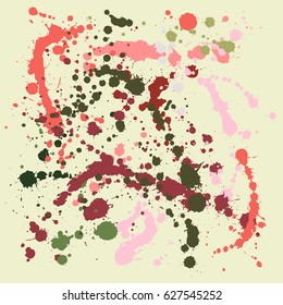 Gouache background, red and green paint splashes vector pattern. Colorful ink, gouache or acrylic paint splatter, grunge abstract painting, summer colors background. Bright splotches illustration.