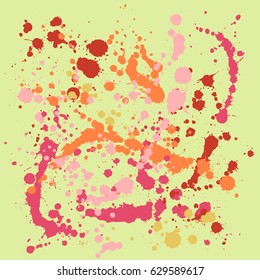 Gouache background, red paint splashes on light green vector pattern. Colorful ink, gouache or acrylic paint splatter, grunge abstract painting, summer colors background. 