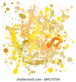 Gouache background, yellow and brown paint splashes on white vector pattern. Colorful ink spots, acrylic paint splatter, grunge abstract painting, funky colors background. 