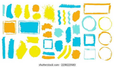 Gouache distorted brushstroke vector batch. Freehand border box casual shapes. Spill blot web sticker stamp set. Daub acrylic stains drawing.