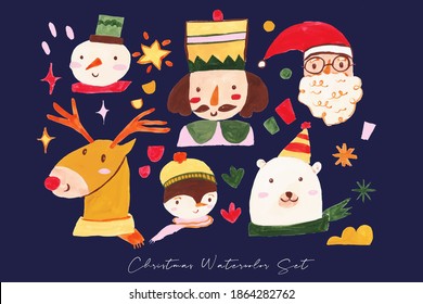 Gouache Drawing Illustration Set For Holiday and Christmas (greeting, design, layout)