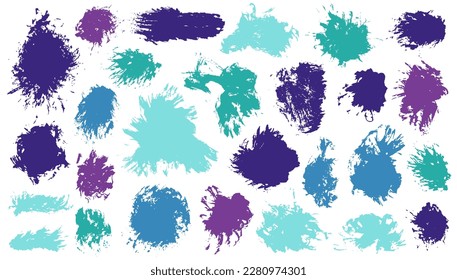 Gouache dry brush stroke mega group. Freehand smudge blotch old elements. Splat spot textured sticker background pack. Brushstroke ink spots design.