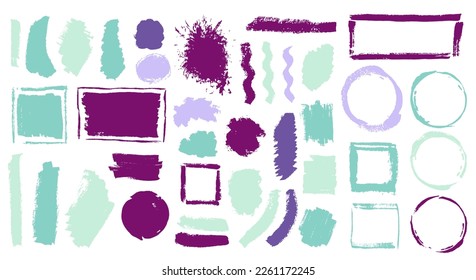 Gouache dust brush stroke mega group. Freehand border box artistic elements. Inkblot spot textured banner silhouette bundle. Brushstroke ink spots drawing.