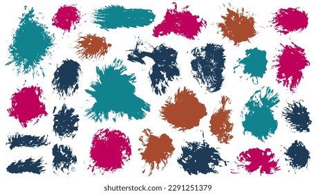 Gouache dust brush stroke mega bundle. Hand drawn smudge blotch scrawl shapes. Droplet paintbrush textured label imprint pack. Brushstroke ink stains design.