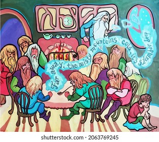 Gouache illustration depicting a group of gnomes sitting at a table and thinking