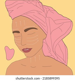 Gouache massage. How to do a facial massage. massage lines. Young woman with a towel on her head. Spa beauty salon illustration. Mirror. Morning routine.