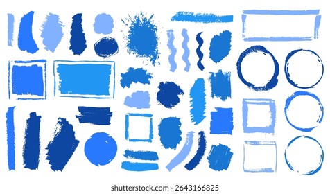 Gouache messy brush stroke mega pack. Isolated border box decorative elements. Splattered blot textured label imprint collection. Brushstroke oil splashes design.