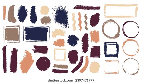 Colección vectorial de trazo de pincel desordenado de Gouache. Elementos coloridos de la caja de borde a mano libre. Grupo de sellos de pegatinas texturizadas con pincel de salpicadura. Diseño de manchas de aceite de Daub.
