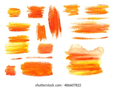 Gouache orange yellow textures splash,brushes. Hand painting texture stains,spot,design elements. Watercolor,acrylic art element. For Valentine day,wedding,holiday backdrop. Vector background.