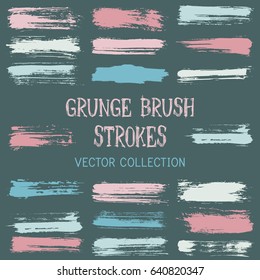 Gouache paint dabs set, brushstrokes design elements. Paint brush stripes vector collection. Set of pink and blue brush stroke lines on dark background. Acrylic, ink or watercolor paint stains.