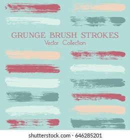 Gouache paint dabs set, brushstrokes design elements. Paint brush stripes vector collection. Set of pink and blue brush stroke lines, grunge acrylic, ink or watercolor paint stains.