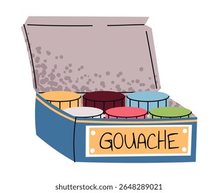 Gouache Paint Set in Box in Flat Design on White Background. Vibrant Artist Colors for Painting, Illustration and School Projects. Ideal for Art Supply Branding, Classroom Materials and Creative