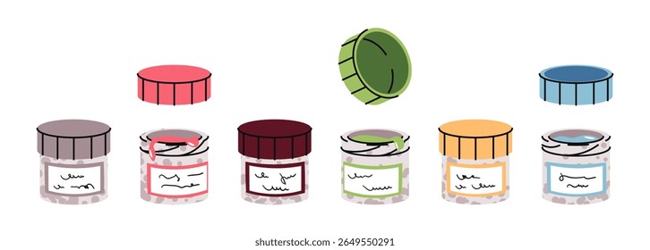Gouache Paint Set in Jars. Open and Closed Containers, Flat Design on White Background. Vibrant Artist Colors for School Projects and Hobby Painting. Ideal for Art Supply Branding, Education Content
