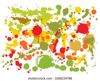 Gouache paint stains grunge background vector. Artistic ink splatter, spray blots, dirt spot elements, wall graffiti. Watercolor paint splashes pattern, smear liquid stains spots backdrop.