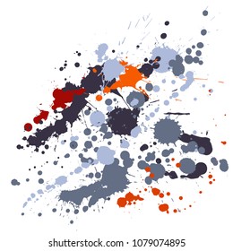 Gouache paint stains grunge background vector. Modern ink splatter, spray blots, dirty spot elements, wall graffiti. Watercolor paint splashes pattern, smear fluid stains spots backdrop.