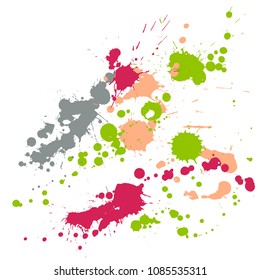 Gouache paint stains grunge background vector. Cool ink splatter, spray blots, mud spot elements, wall graffiti. Watercolor paint splashes pattern, smear fluid stains spots background.