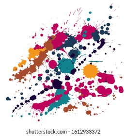 Gouache paint stains grunge background vector. Colorful ink splatter, spray blots, dirty spot elements, wall graffiti. Watercolor paint splashes pattern, smear liquid stains splatter backdrop.