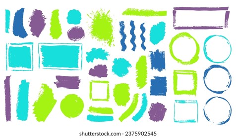 Gouache sketch brushstroke vector batch. Hand drawn border box whimsical shapes. Splattered blot sale label stamp pack. Brushstroke ink stains drawing.
