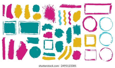 Gouache sketch brushstroke vector set. Freehand border box decorative elements. Streak splash sale sticker backdrop batch. Brushstroke acrylic stains drawing.