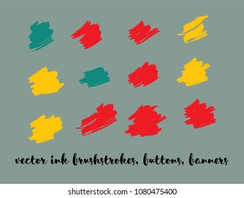 Gouache Vector Painted Backgrounds. Bright Colored Brushstrokes, Nice Textures Set. Artistic Children Button Collection. Creative, Artistic Vector Painted Backgrounds. Paintbrush Smeared Borders
