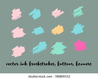 Gouache Vector Painted Backgrounds. Bright Colored Brushstrokes, Nice Textures Set. Artistic Children Button Collection. Creative, Artistic Vector Painted Backgrounds. Paintbrush Smeared Border.