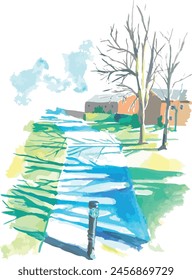 gouache, watercolour residential outdoors housing illustration, hand-drawn and colourful vector featuring greenery and nature