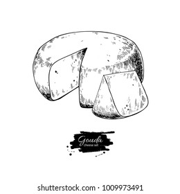 Gouda cheese block drawing. Vector hand drawn food sketch. Engraved Slice cut. Farm market product for label, poster, icon, packaging. Dairy vintage product