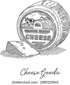 Gouda cheese block. Cheese Gouda block with the label on it and the slice of cheese next to it. Sketchy hand-drawn illustration.