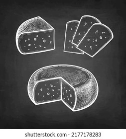 Gouda cheese. Chalk sketch on blackboard background. Hand drawn vector illustration. Retro style.