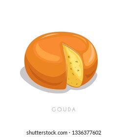 Gouda cheese head. Cartoon flat style fresh diary product. Vector illustration single icon isolated on white background.