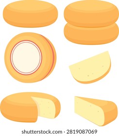 Gouda cheese of the Netherlands simple flat isolated illustration set. It is usually have a characteristic flattened wheel shape and protected with yellow to orange or red color layer. Collection of gouda cheese illustrations consisting whole, stack, labeled, sliced, thin slice of gouda, and gouda cheese wedge.