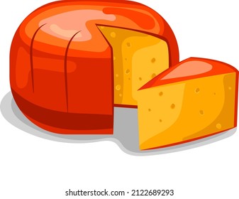 Gouda cheese, round block cut into triangles, orange and red, Dutch dish, vector image isolated on white background